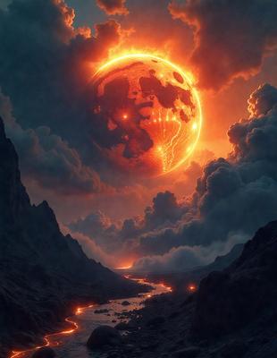 The primary subject of the image is a large, glowing moon, which is positioned in the sky above a landscape. The setting is a rocky, mountainous terrain with a river flowing through it. The visual style of the image is a digital art or illustration, creating a dramatic and captivating scene. The dominant colors in the image are red, orange, and yellow, which contribute to the overall atmosphere of the image.